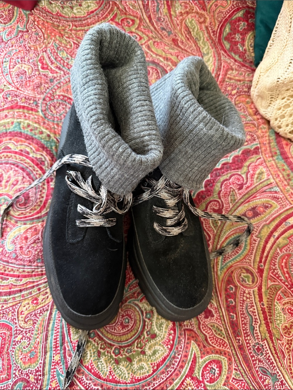 UGG Black Suede Ankle Boots with Gray Knit Cuff